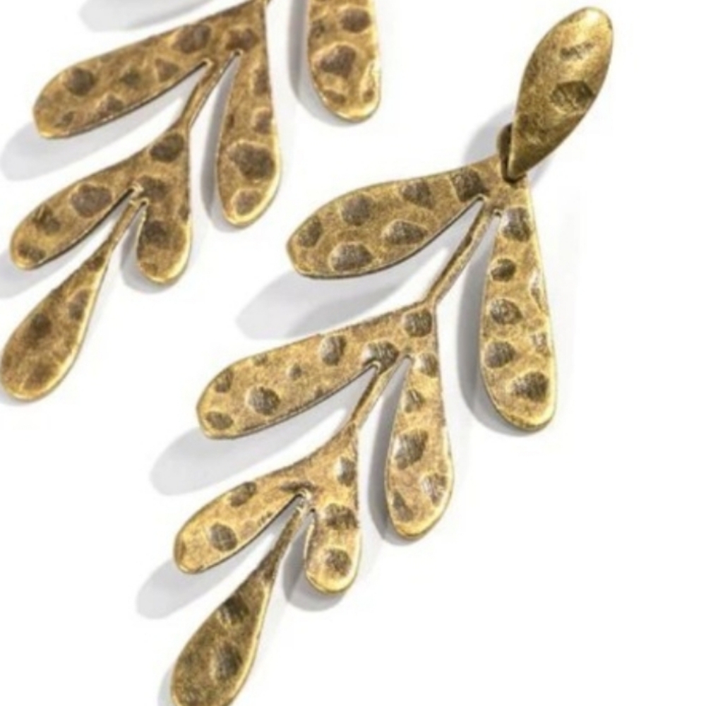 Feminine Floral Jungle Fauna Brass Paparazzi Textured Gold Leaf Earrings - Picture 3 of 5